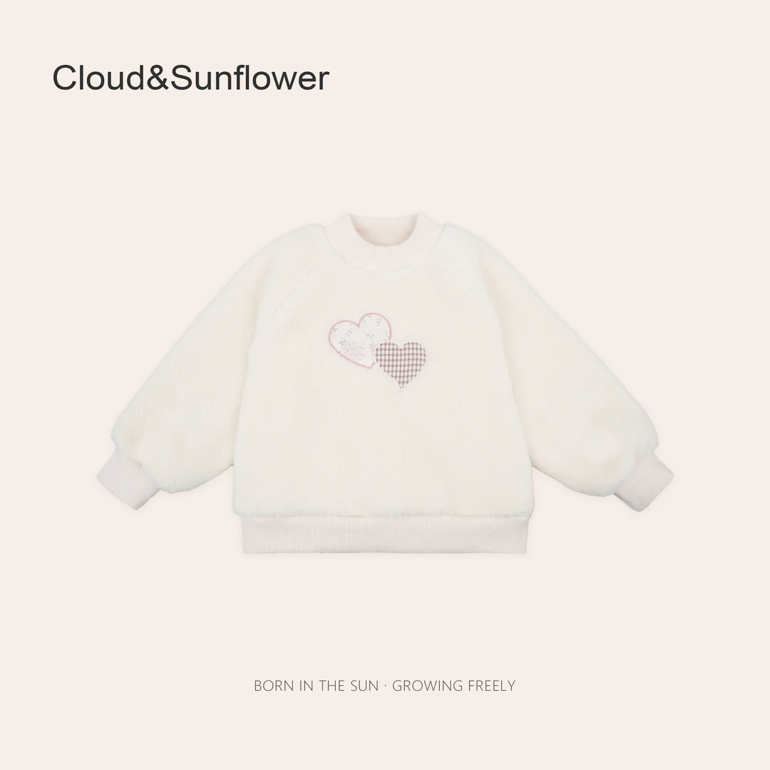 女童双爱心刺绣贴布冬季圆领百搭毛绒加厚卫衣1113153