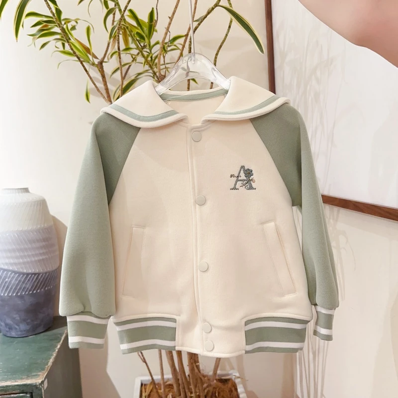 女童大翻领字母A后背自行车刺绣撞色休闲外套1112956