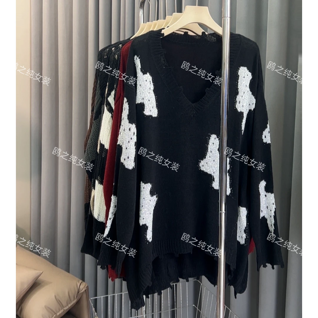 新款小个子短款上衣V领时尚亮片卡通印花百搭韩版休闲套头针织衫