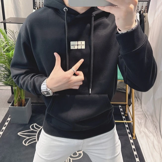 欧洲站休闲修身帽衫卫衣男2025秋冬新款连帽加绒美式潮牌套头上衣