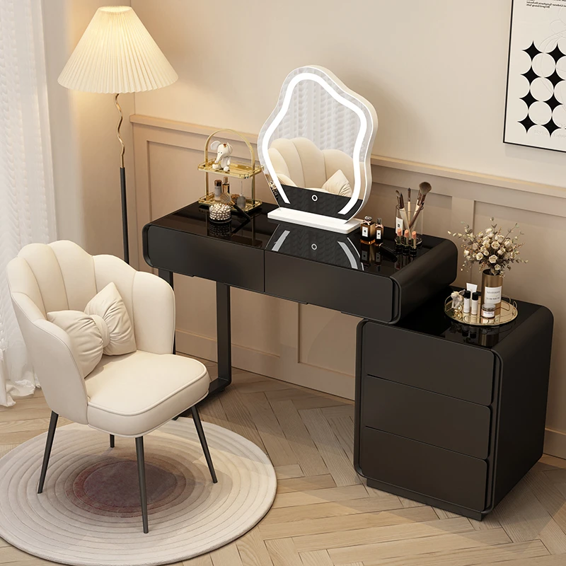 现代简约实木梳妆台卧室新款化妆桌黑色收纳斗柜一体化妆台