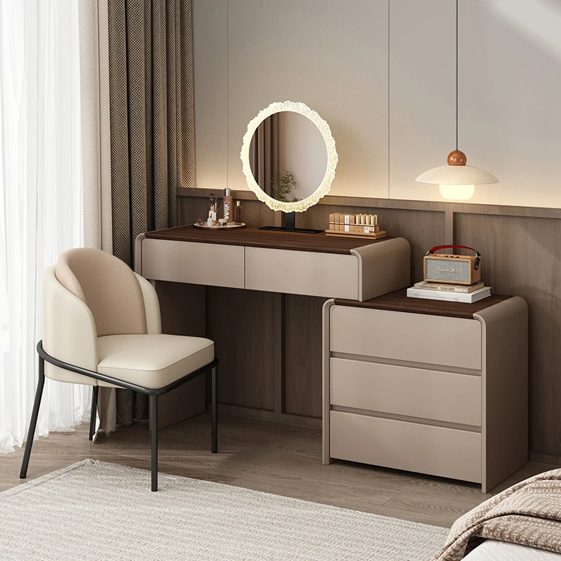 意式极简实木梳妆台斗柜一体主卧室胡桃木色复古收纳化妆桌高级感