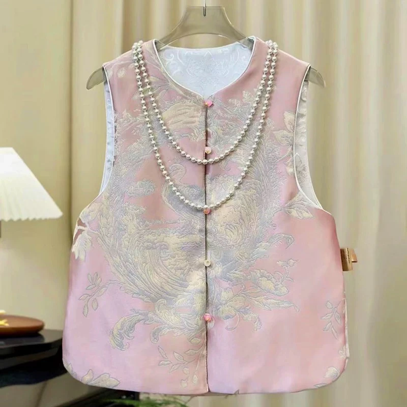 宽松-新中式复古无袖提花双面穿圆领时尚中国风马甲夏季洋气马夹