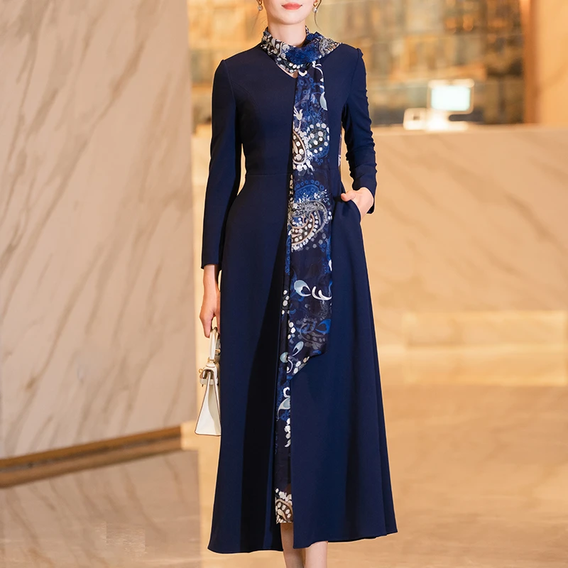 蓝色过膝洋装女春秋2025新款气质端庄修身显瘦中长版长袖a字裙