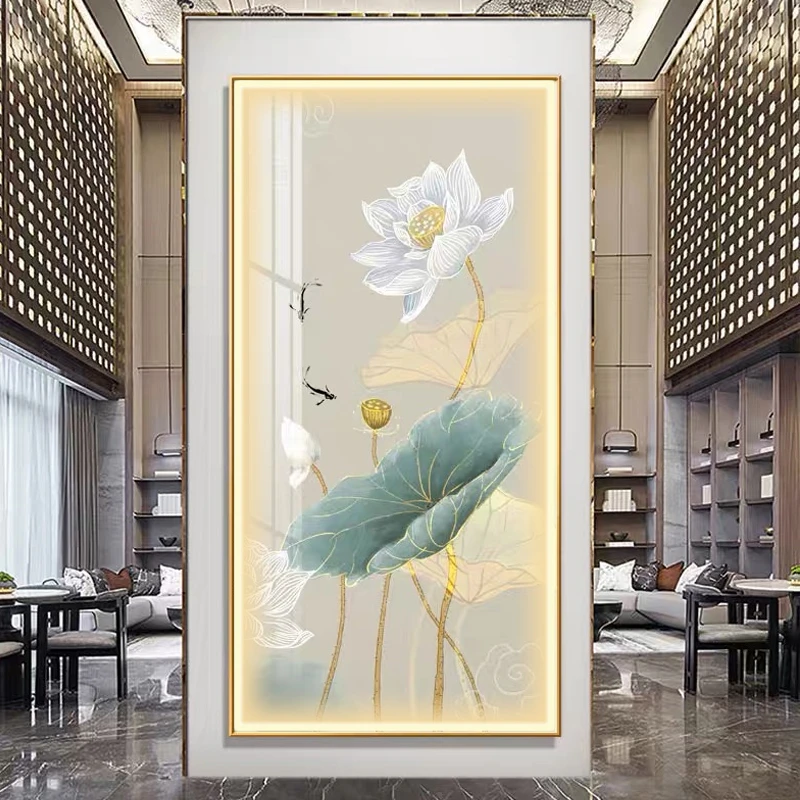 禅意荷花玄关带灯装饰画新中式风水竖版高档次大气招财聚财鱼挂画