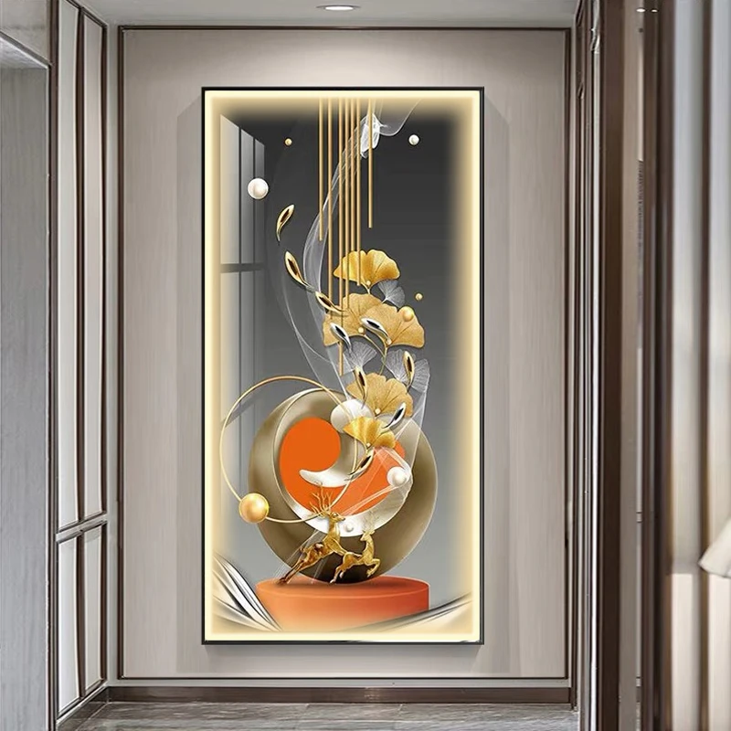 银杏叶玄关带灯装饰画寓意和象征意义挂画轻奢现代简约晶瓷镶钻画