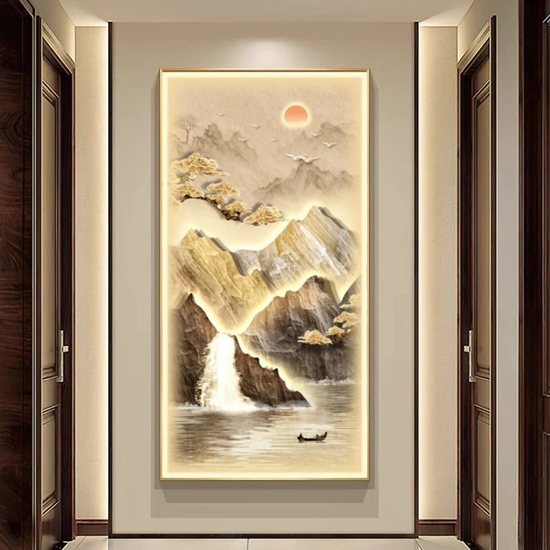 流水生财带灯玄关装饰画山水画背景墙挂画2024年最新款镶钻晶瓷画