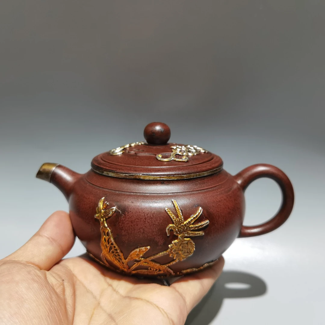 顾景舟名家旧藏银镶嵌紫砂壶鸳鸯戏菏全手工仿古壶手制精美宫灯