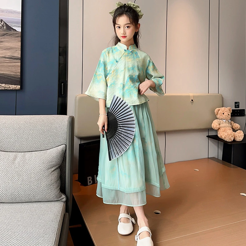 儿童套装汉服女童夏季复古中国风女童古风中式汉元素千里江山套装