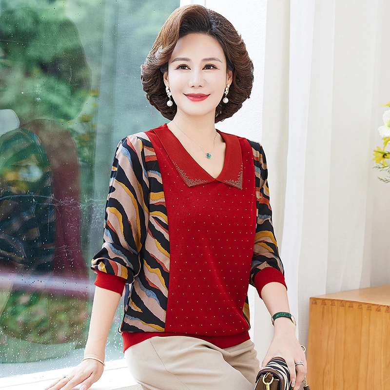 秋季新款长袖T恤妈妈装时尚洋气小衫显瘦遮肚中年宽松打底上衣