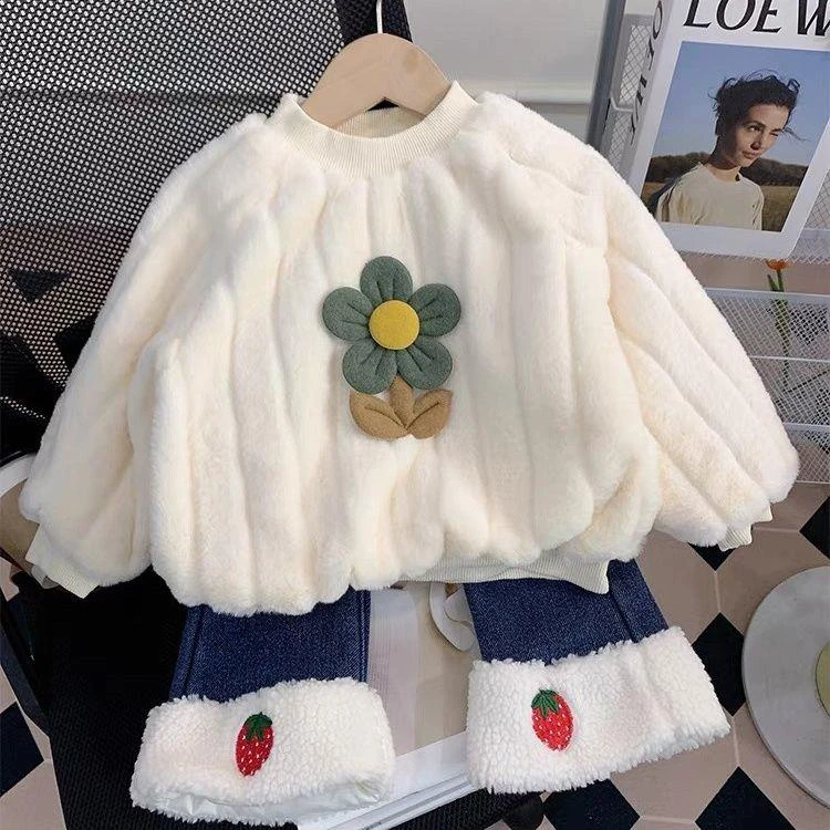 女童秋冬套装新款女宝宝洋气冬季加绒卫衣儿童牛仔裤两件套潮