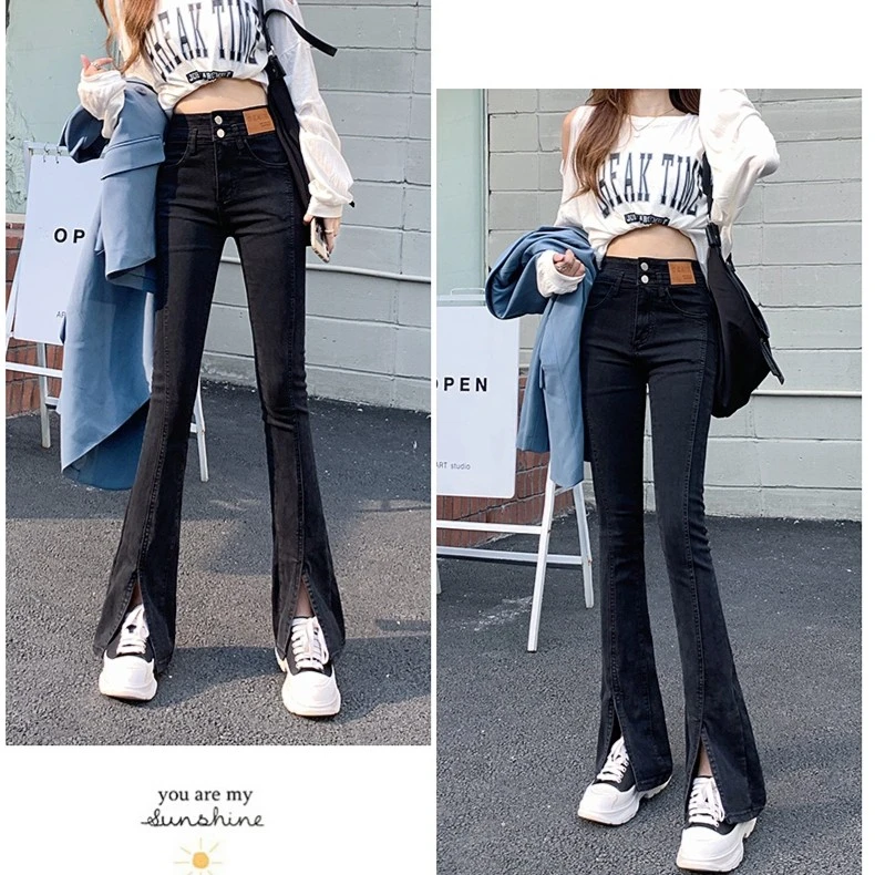 黑色高腰开叉牛仔裤女春秋季2023年新款修身弹力显瘦微喇叭拖地裤