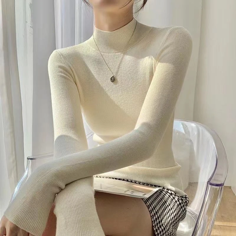 半高领女长袖洋气针织衫冬季新款百搭打底衫女内搭显瘦保暖上衣QX