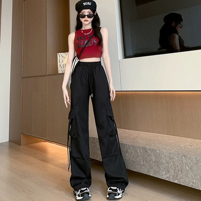 嘻哈高腰工装裤女款宽松显瘦休闲夏季网红ins瘦版阔腿裤街舞短款
