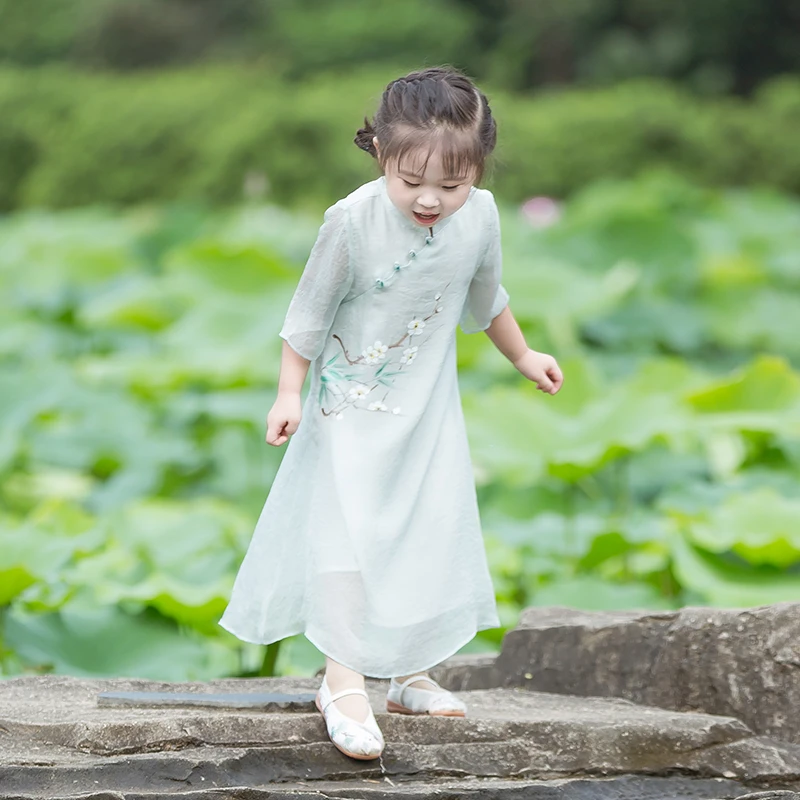 新款女童夏季中国风仙气改良汉服儿童复古中式旗袍连衣裙禅意茶服