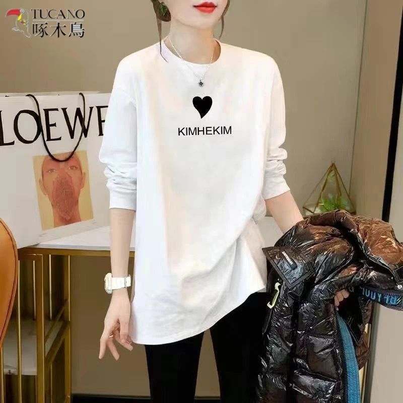 啄木鸟磨毛加厚纯棉打底衫内搭秋冬新款宽松长袖恤女中长款上衣