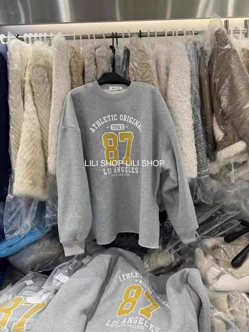 韩国东大门秋冬新款美式时髦印花字母宽松休闲百搭套头加绒卫衣女