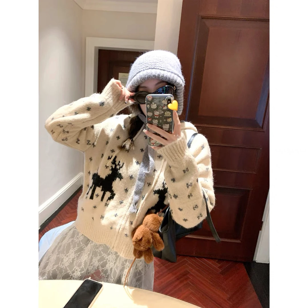 周日见「祈愿小鹿」慵懒风连帽毛衣女秋冬季针织开衫外套上衣