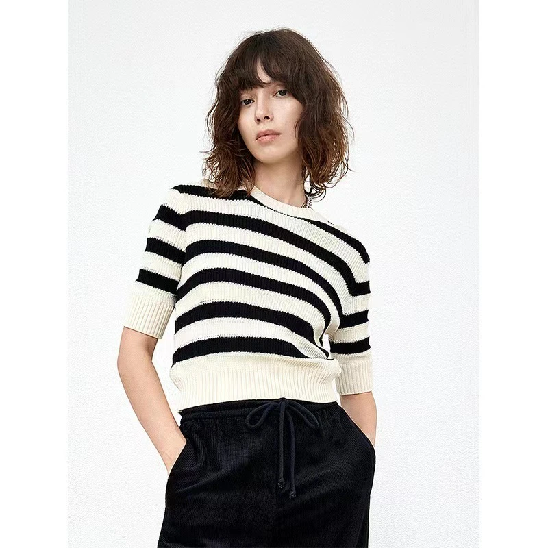 春季领套头五分袖上衣百搭打底黑白条纹直筒通勤针织衫