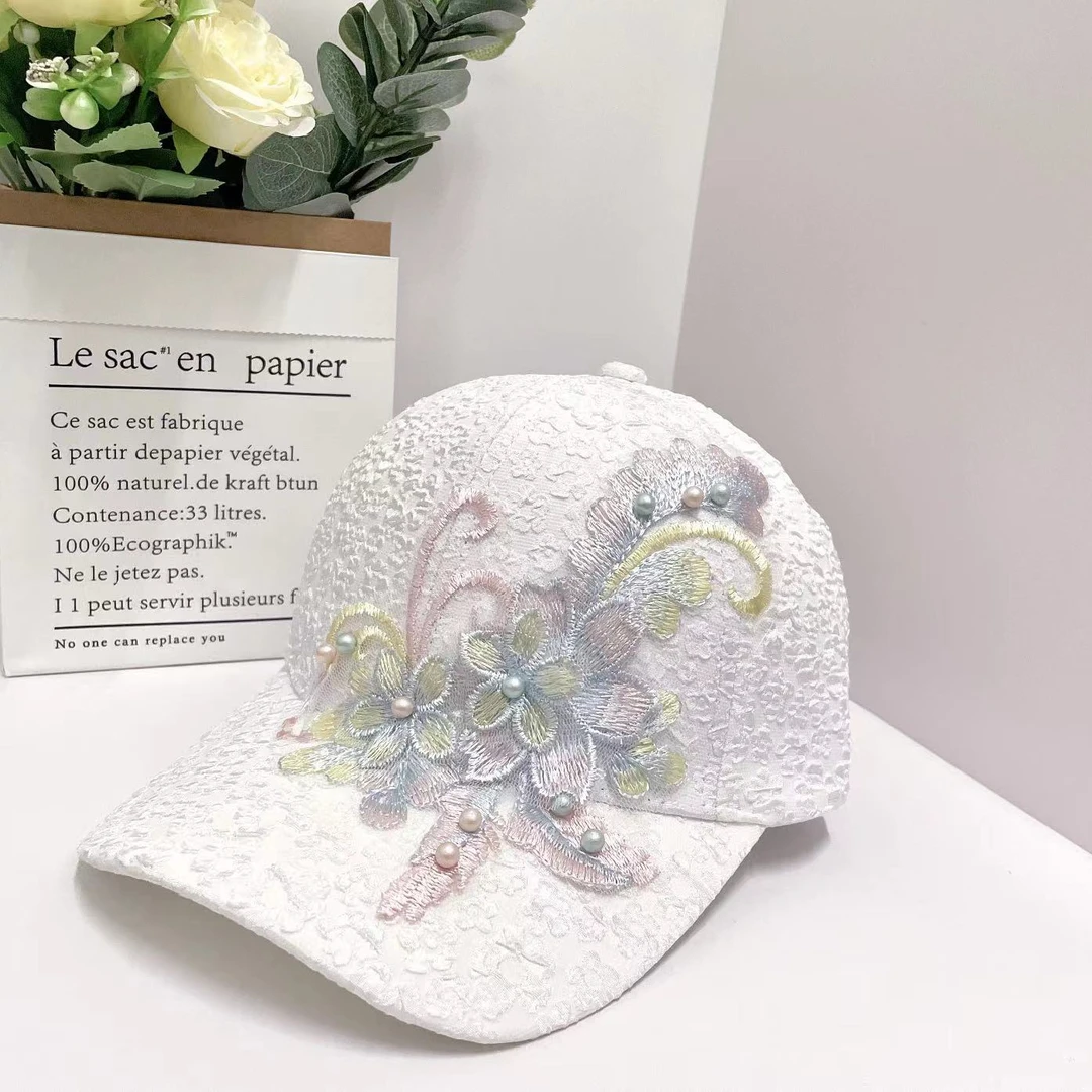 蕾丝时尚棒球帽女韩版刺绣花朵田园风春夏天出游防晒百搭遮阳帽子