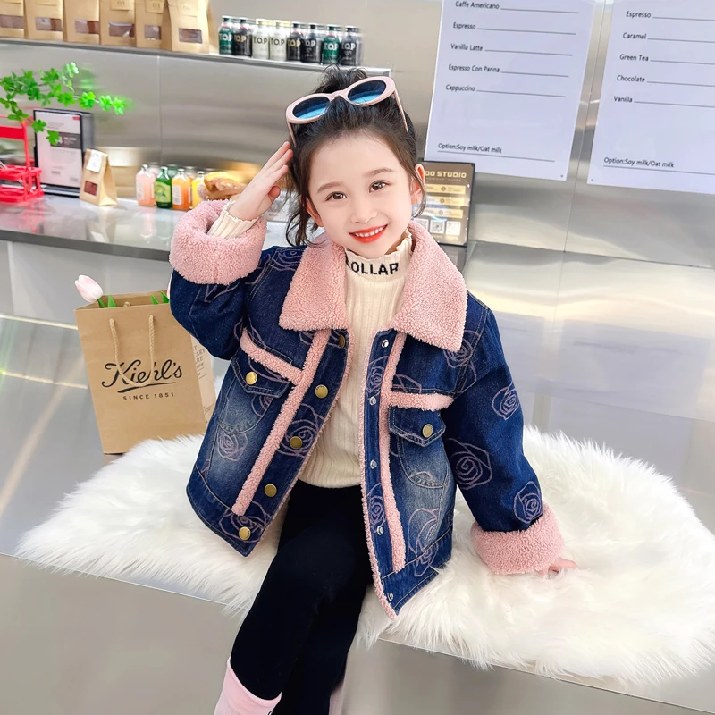 女宝宝加绒牛仔外套秋冬款洋气女童加厚上衣时髦小女孩保暖秋冬装