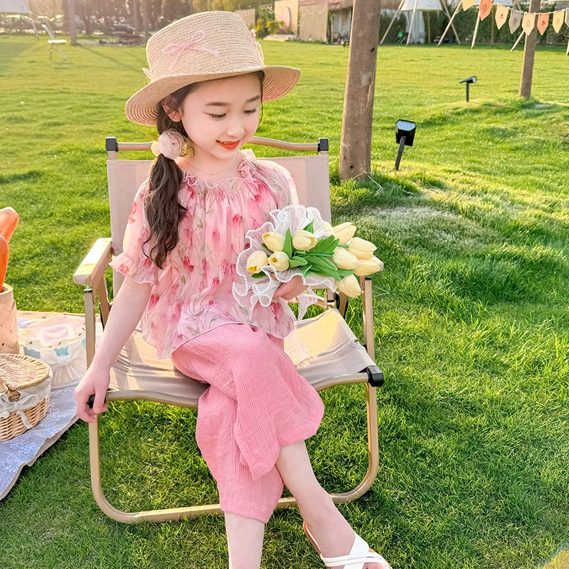 儿童夏装洋气女童碎花套装网红宝宝雪纺短袖阔腿裤裤两件套小女孩