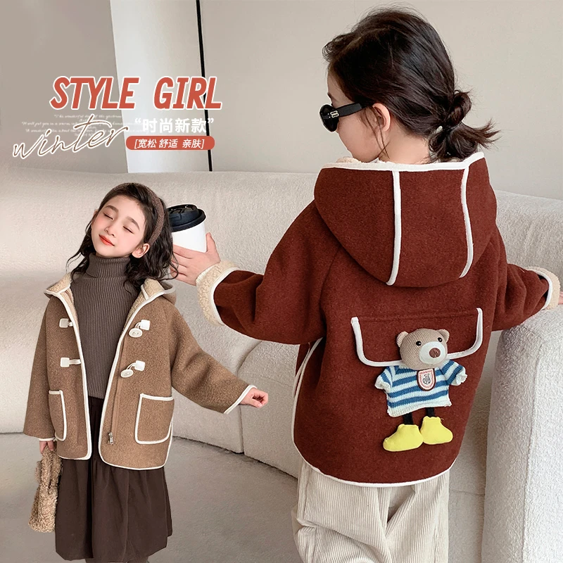 女童加绒连帽外套秋冬装新款儿童时尚女宝宝加厚大衣保暖小童韩版