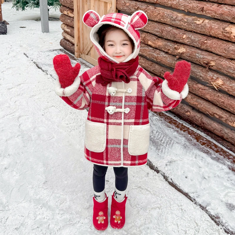 女童洋气加绒格子大衣时尚儿童秋冬新款女宝宝加厚外套中长款小童