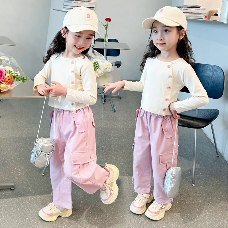 女童长袖套装2024春秋款时尚女宝宝T恤休闲工装裤两件套时髦小童