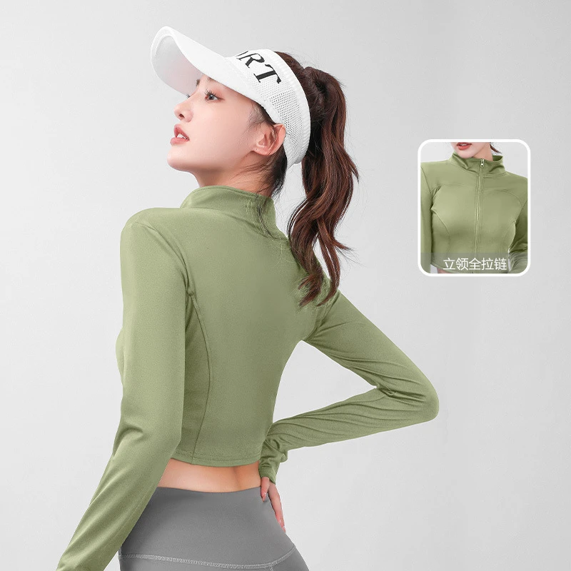 秋季新款拉链露脐高领瑜伽外套立领修身上衣跑步运动瑜伽服