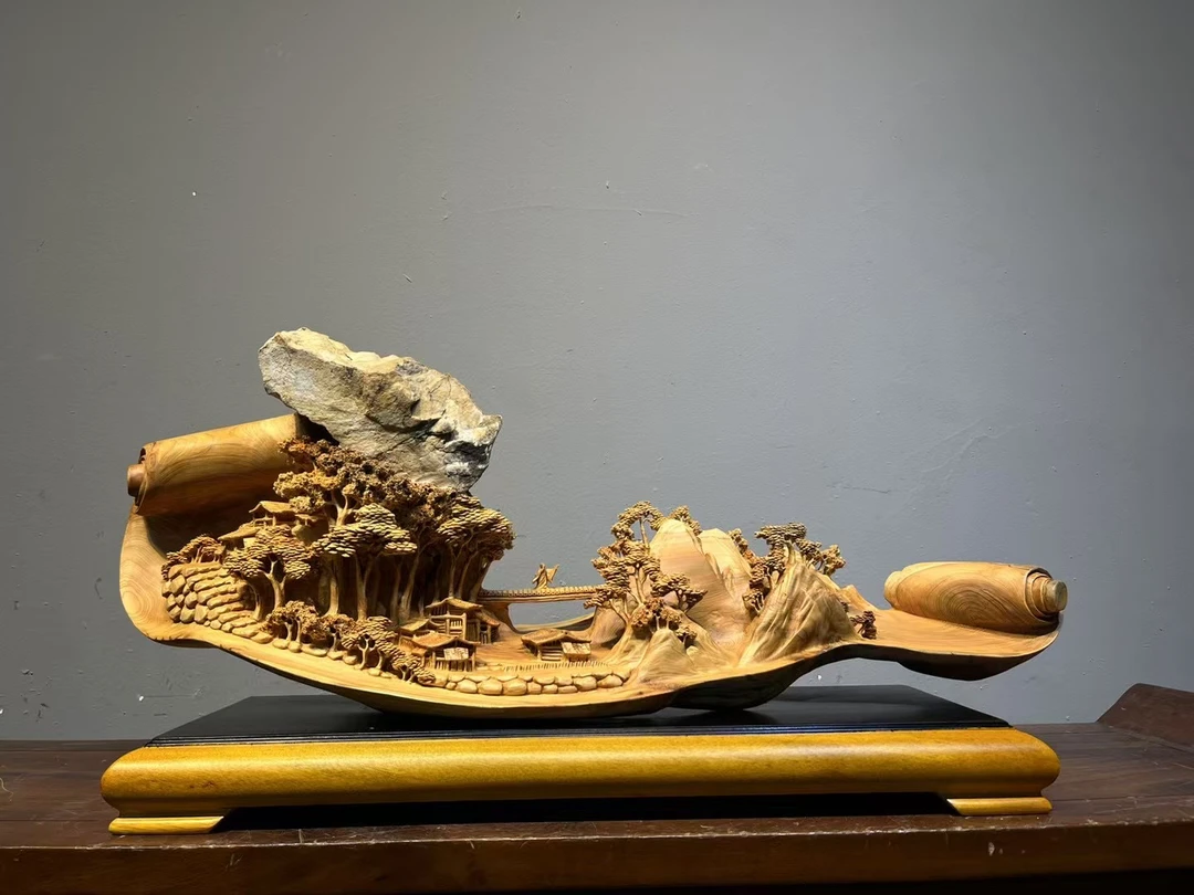 太行崖柏根抱石精雕新品，江山如画，规格长82宽23高48