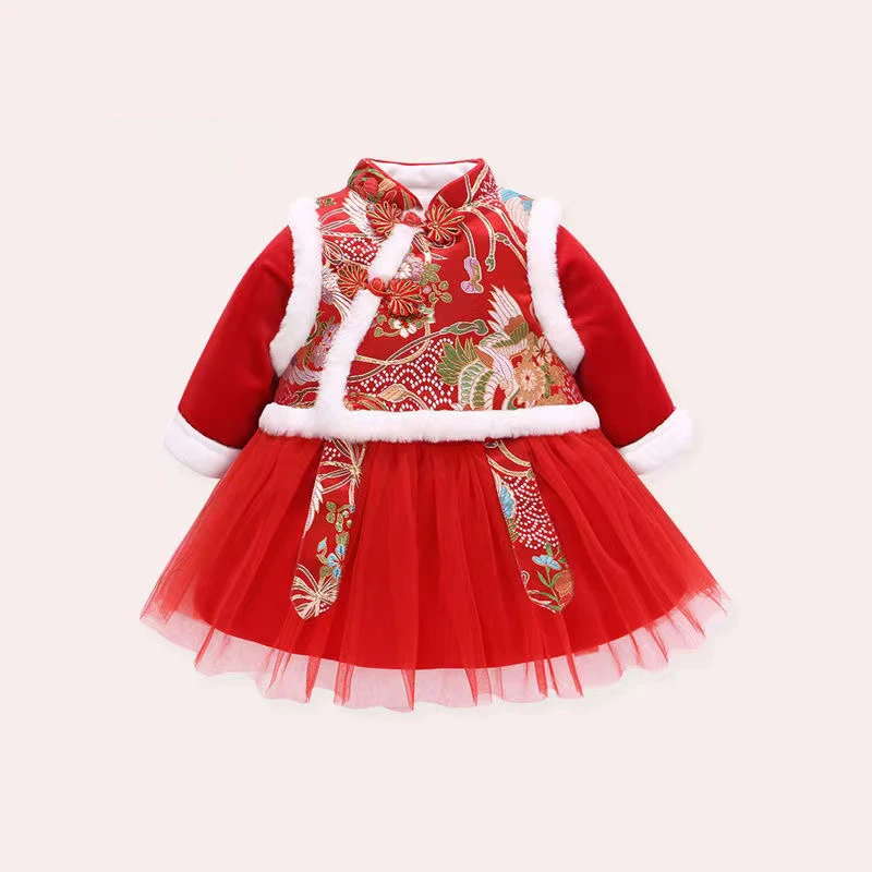 女宝宝拜年服加绒加厚连衣裙中国风婴儿小童喜庆女童汉服套装冬季
