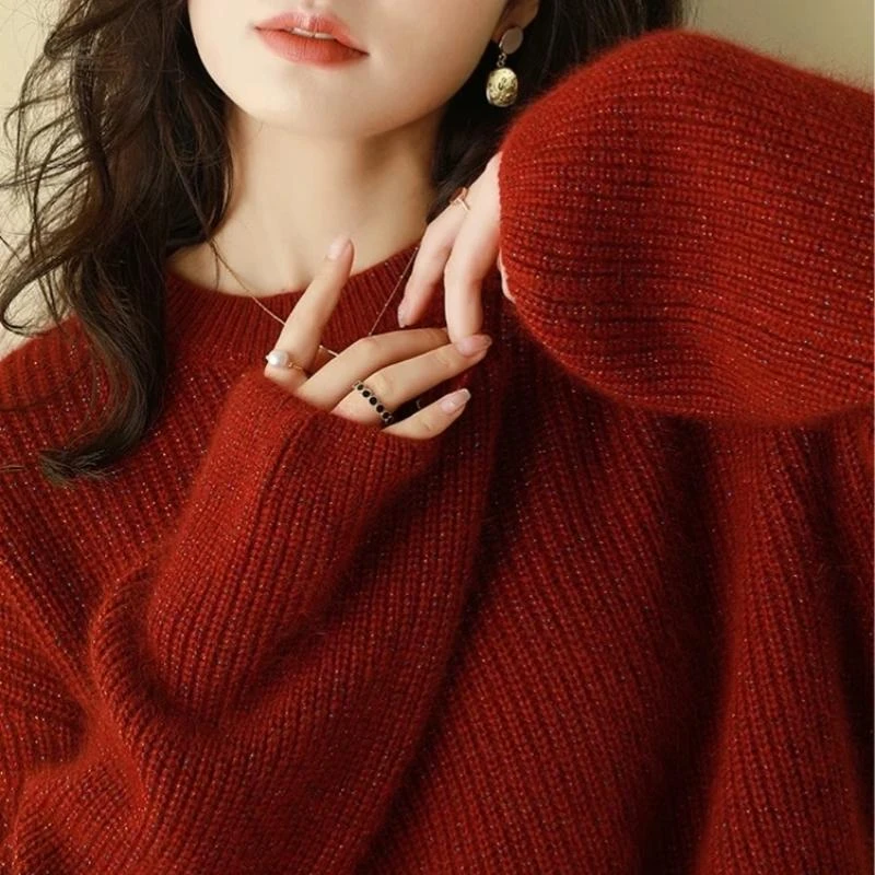 羊范复古氛围感100%纯羊毛衫女圆领亮丝针织衫宽松慵懒风套头毛衣