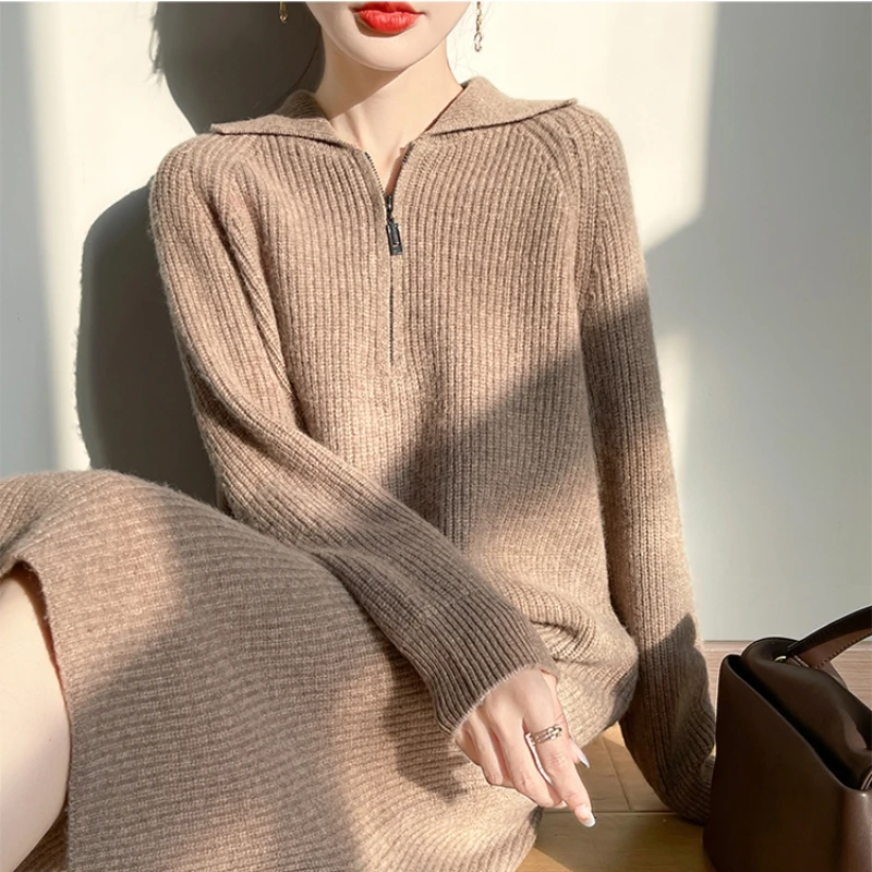 羊范100%纯羊毛连衣裙女中长款翻领拉链毛衣长裙宽松慵懒风打底衫