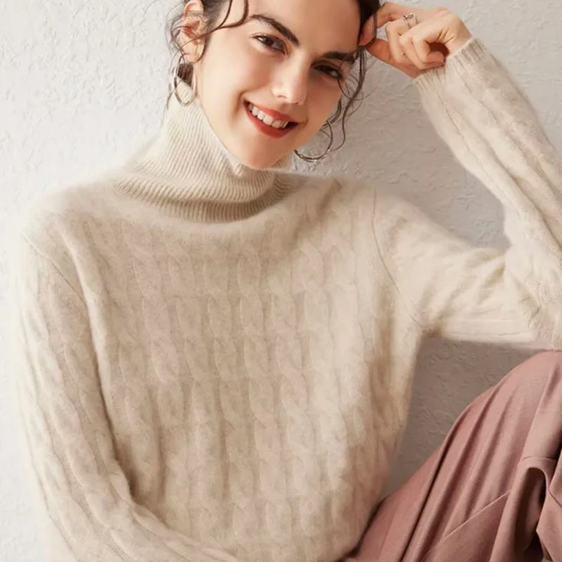 羊范24年冬季上新100%山羊绒高翻领双股绞花套头休闲上衣针织衫女