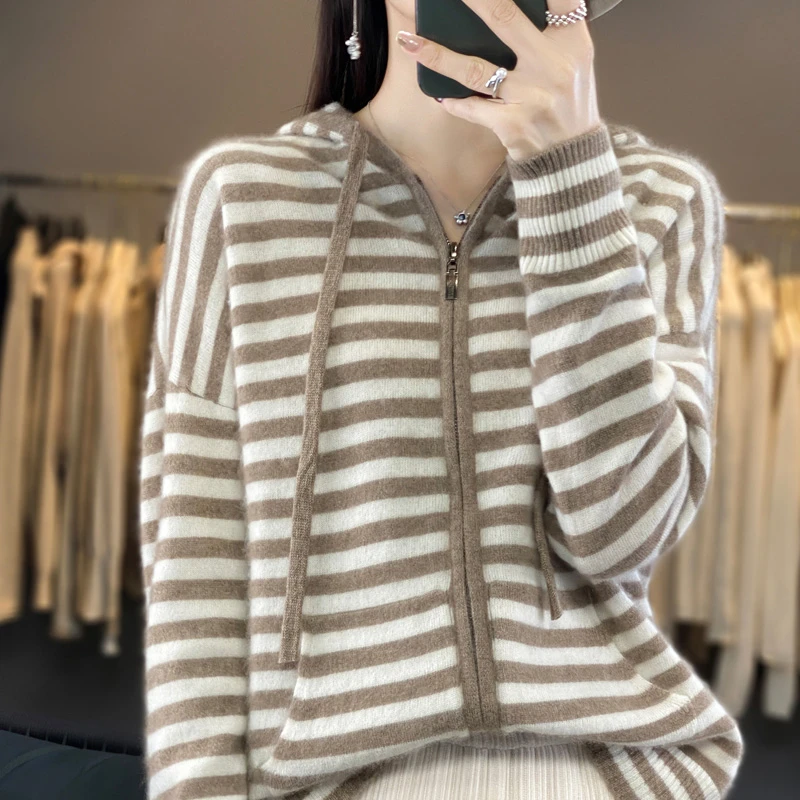 羊范条纹拼色双拉链100%羊毛针织开衫女连帽针织毛衣长袖宽松外套