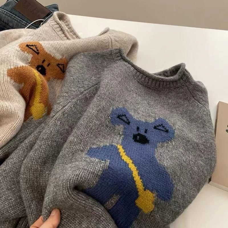 羊范韩系小熊提花100%纯羊毛衫女秋冬宽松慵懒风圆领加厚针织衫