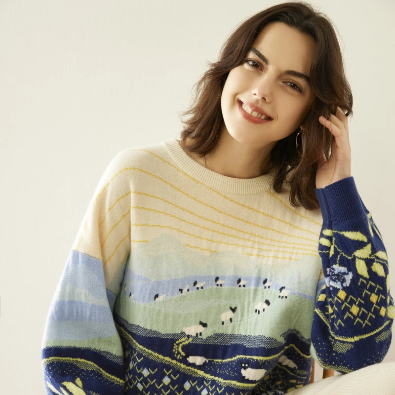 羊范冬日暖羊~空气层加厚草原羊刺绣山羊绒针织衫女圆领减龄打底