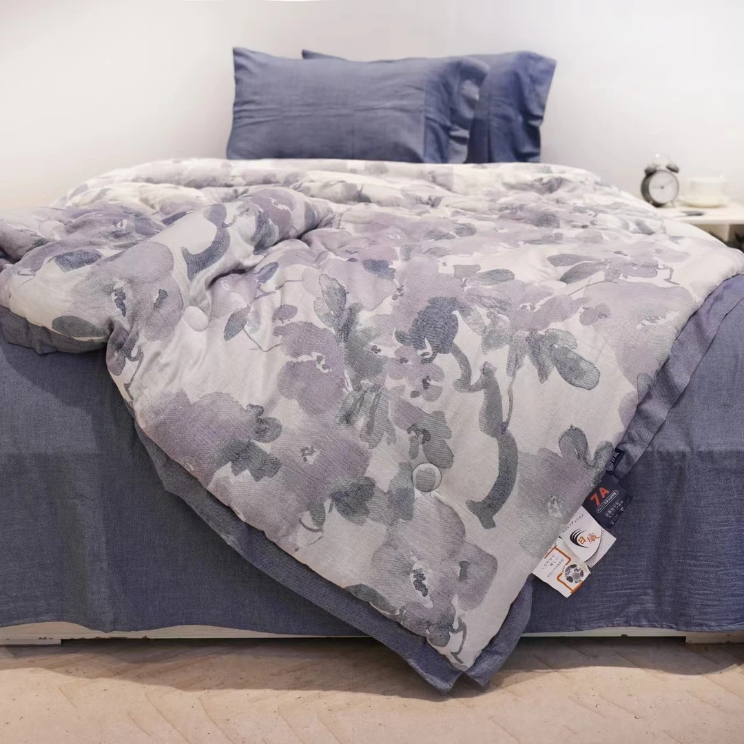 【水彩雾蓝】200X230色织双层纱驼绒棉被纯棉柔软透气亲肤可机洗