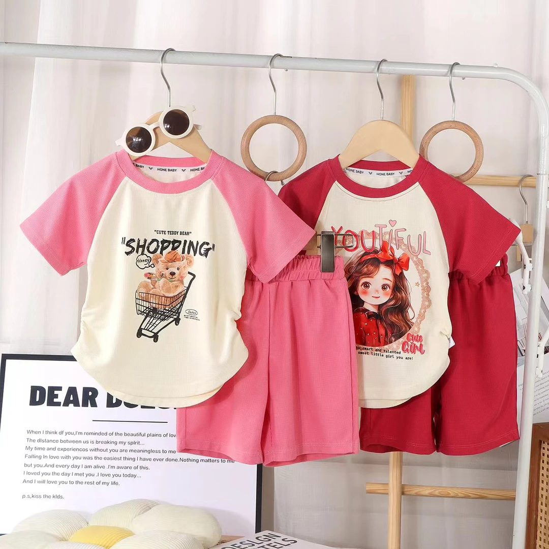 女童洋气新款华夫格插肩短袖套装圆领百搭中大童卡通时尚套装