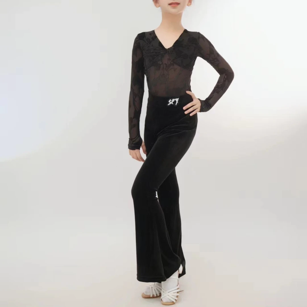 尚裁艺拉丁舞服女儿童秋季新款网纱长袖网红训练功裤套装3952