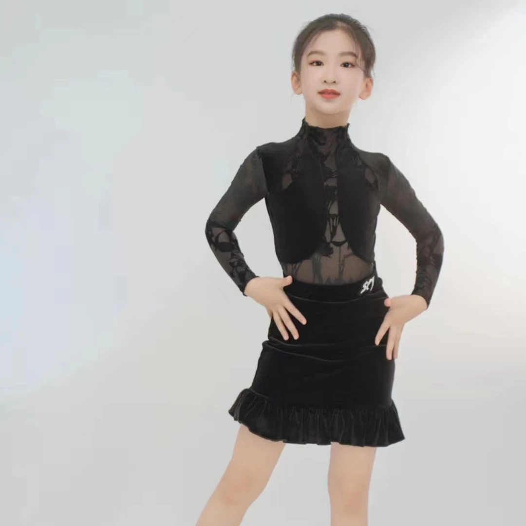 尚裁艺拉丁舞服女童新款黑色丝绒网纱拼接专业练功服套装31029