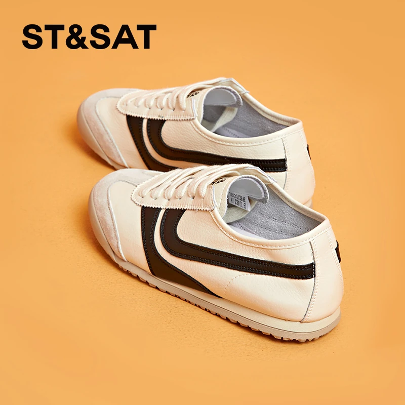 星期六牛皮小蛮腰德训鞋女2025秋季复古软底休闲系带阿甘运动潮鞋