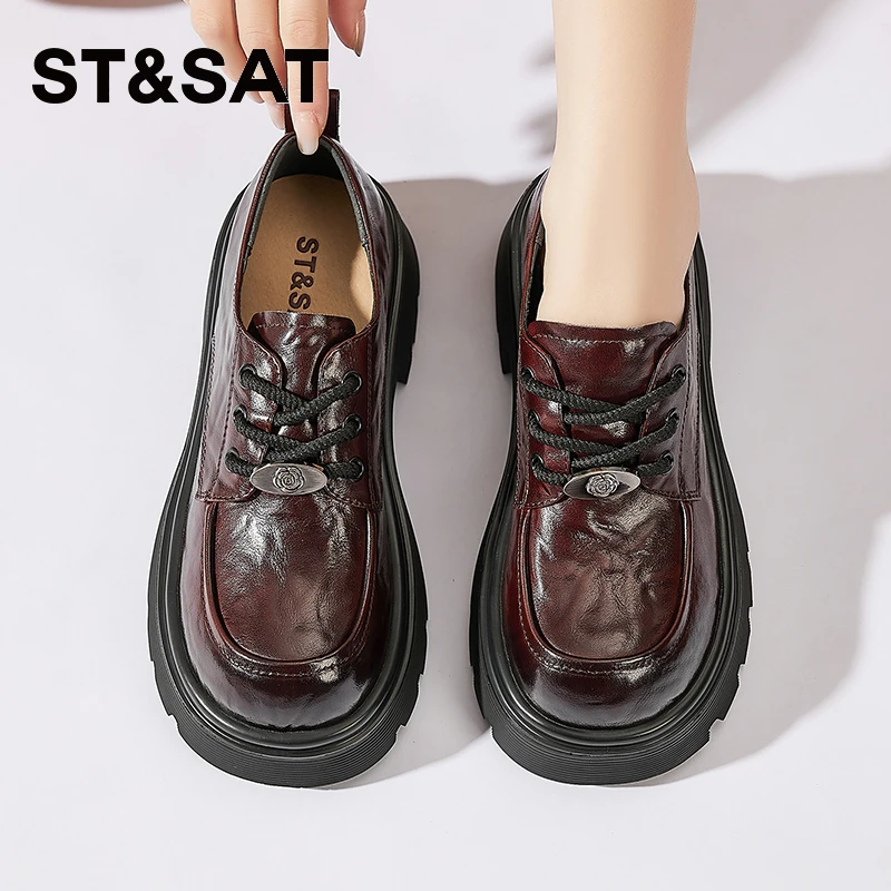 星期六深红厚底乐福鞋女2025秋季真皮松糕单鞋学院风系带制服鞋子