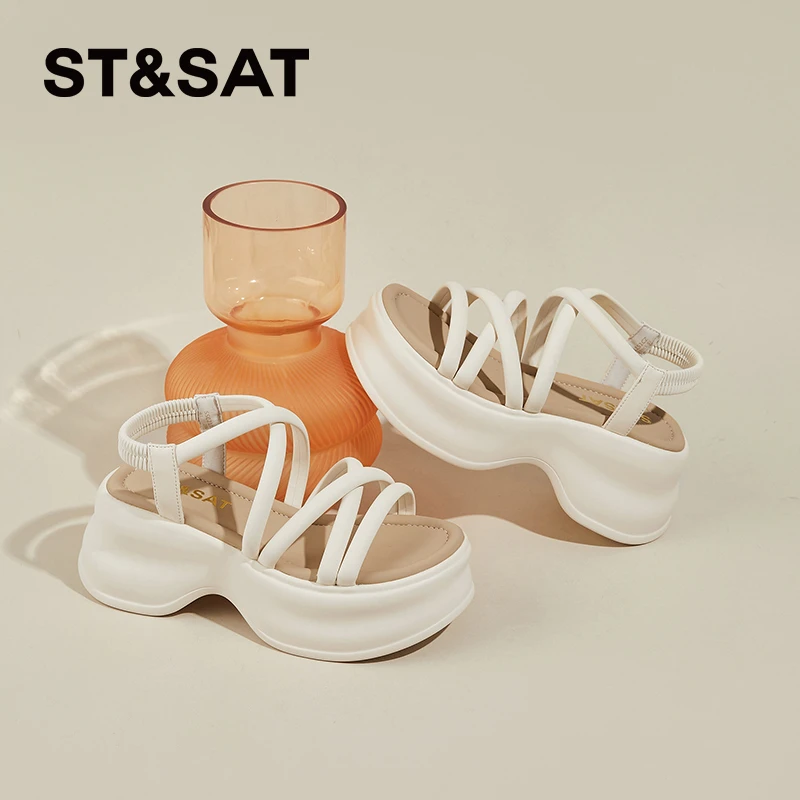 星期六女鞋软底罗马凉鞋2025秋季外穿7cm增高松糕露趾透气沙滩鞋