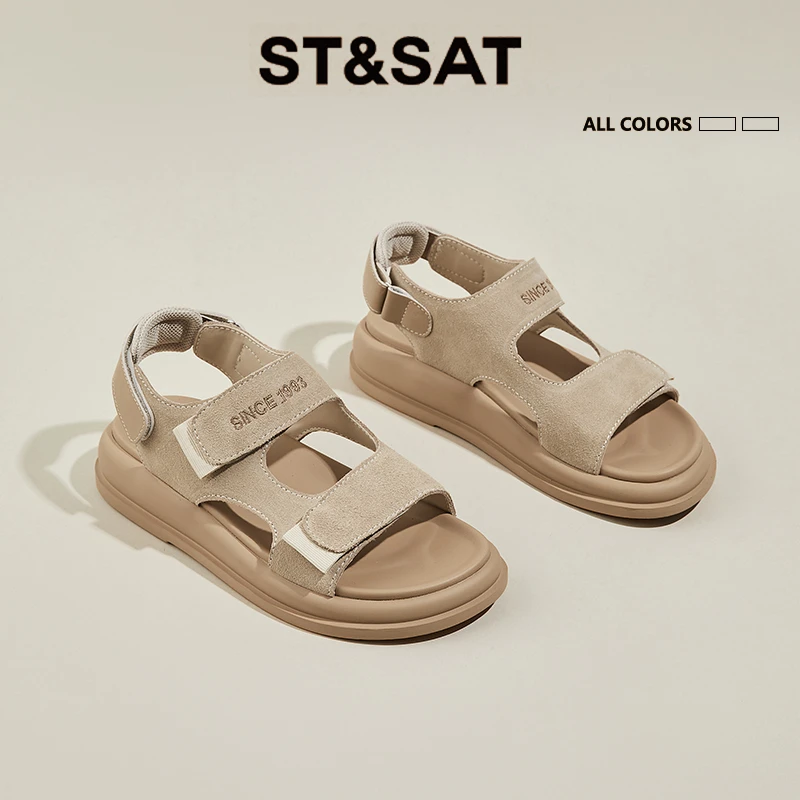 星期六女鞋厚底露趾罗马凉鞋2025秋季复古真皮绒面软底休闲沙滩鞋