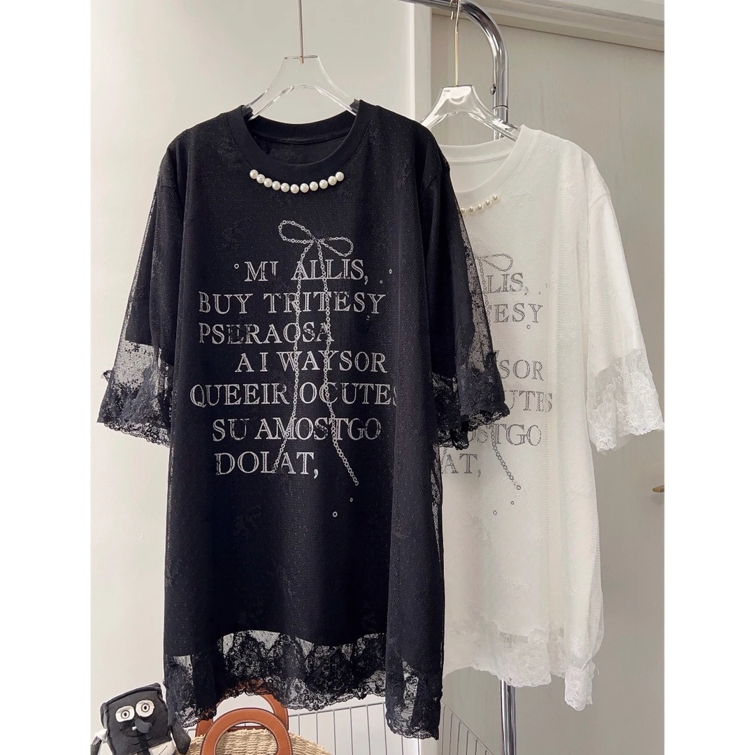 夏装新款法式复古气质字母钉珠拼蕾丝设计感假两件连衣裙T恤裙女