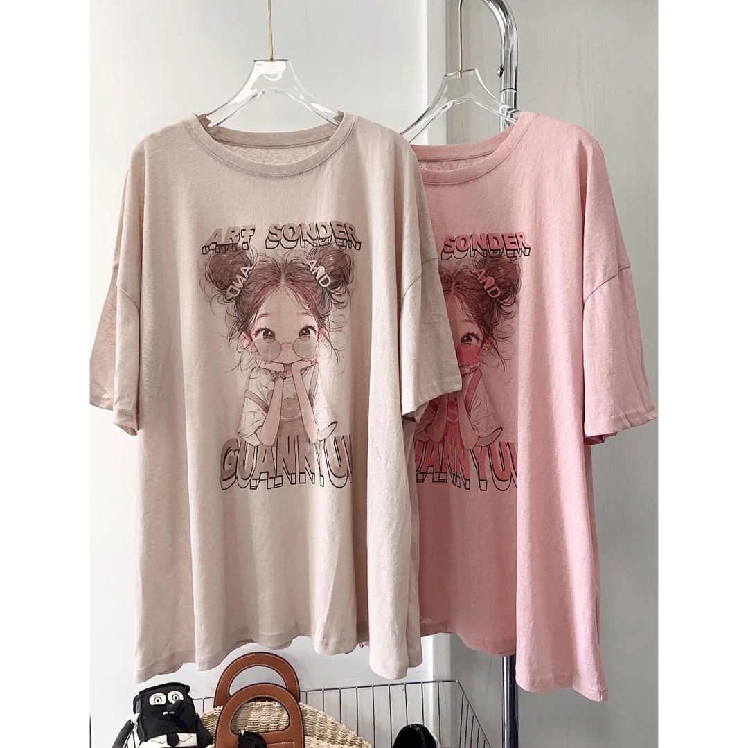 夏装新款韩版甜美减龄百搭卡通印图圆领T恤宽松显瘦竹节棉上衣女