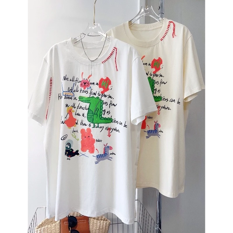 夏装新款宽松显瘦卡通字母印图减龄个性中长款圆领短袖T恤上衣女