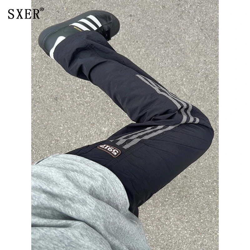 SXER 美式条纹拼接冲锋裤男女高街垂感宽松直筒休闲裤运动长裤潮